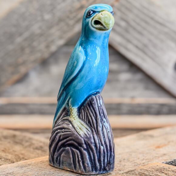 Vintage 19th C. Chinese Turquoise Glazed Porcelain Parrot-Purple-Grey Base-5"H - Picture 1 of 8